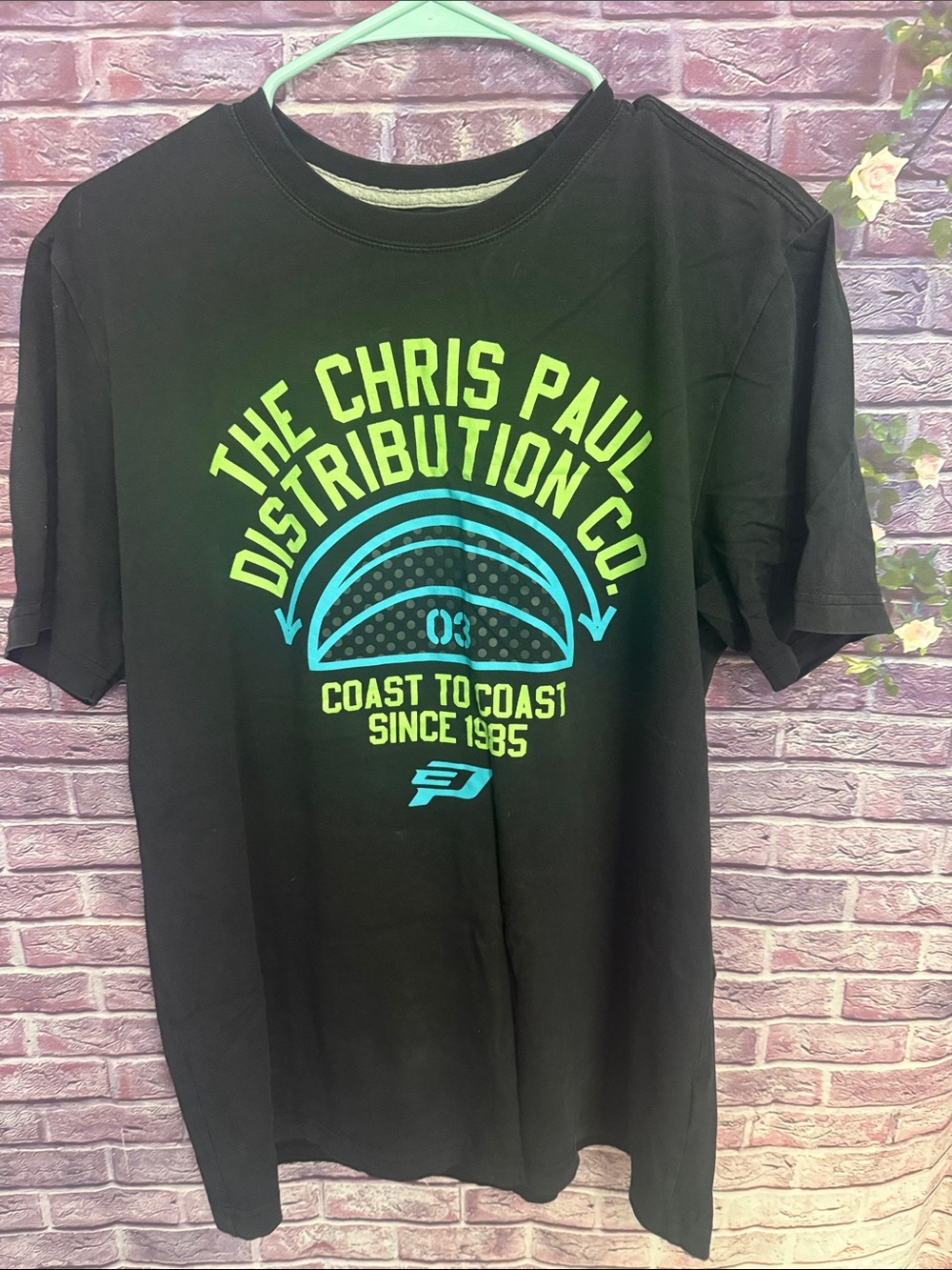 Jordan Black Graphic Tee with Neon Green & Aqua Print rare Chris Paul basketball